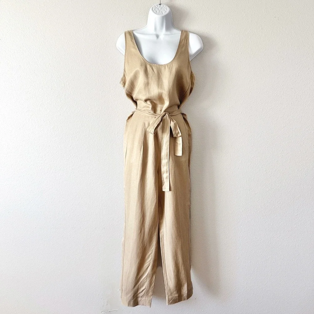 Banana Republic Gold Shimmer Tan Linen Sleeveless Tie Waist Jumpsuit Size Small